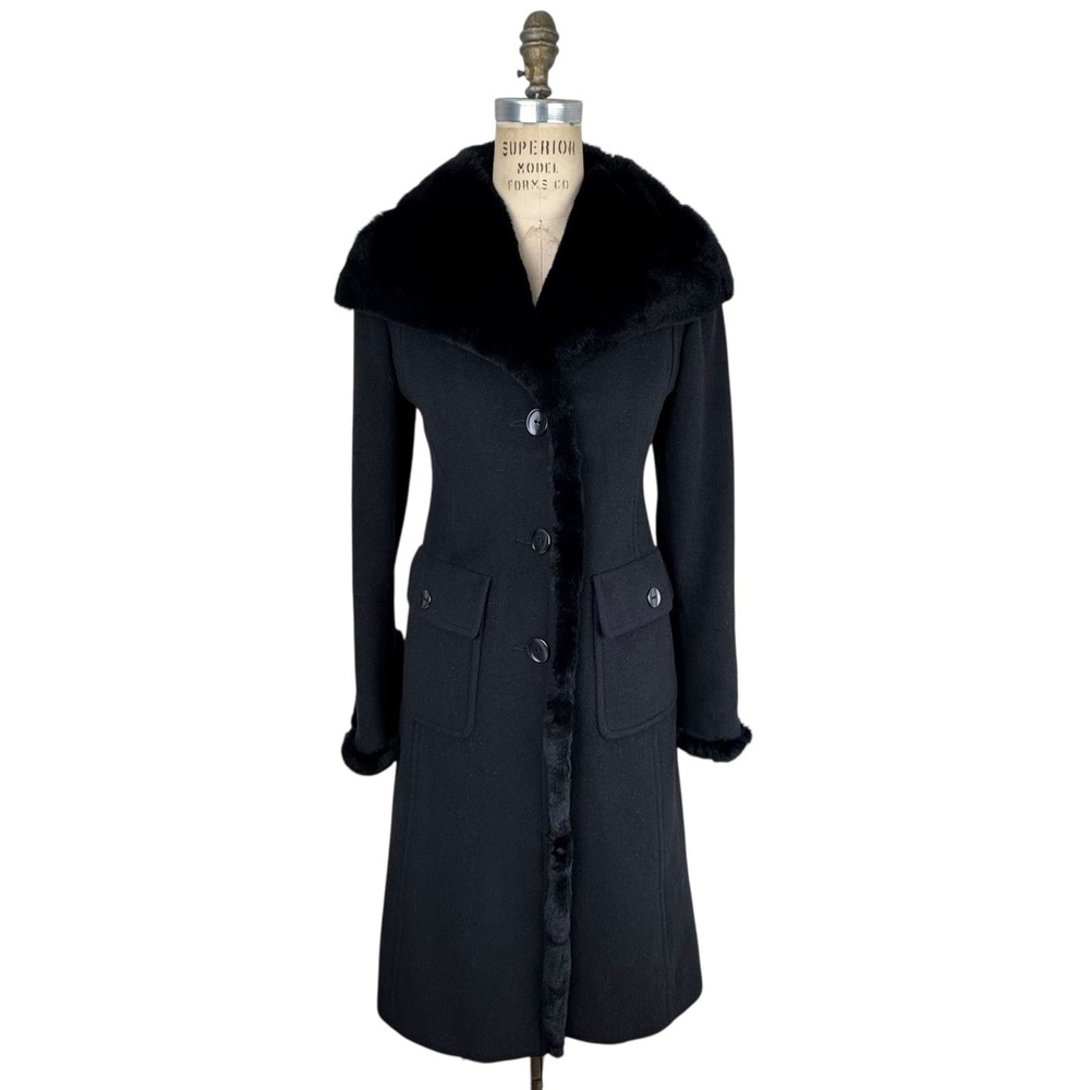 Laundry by Shelli Segal Fur Trim Wool Coat Womens 2 Black Angora Dressy Tailored